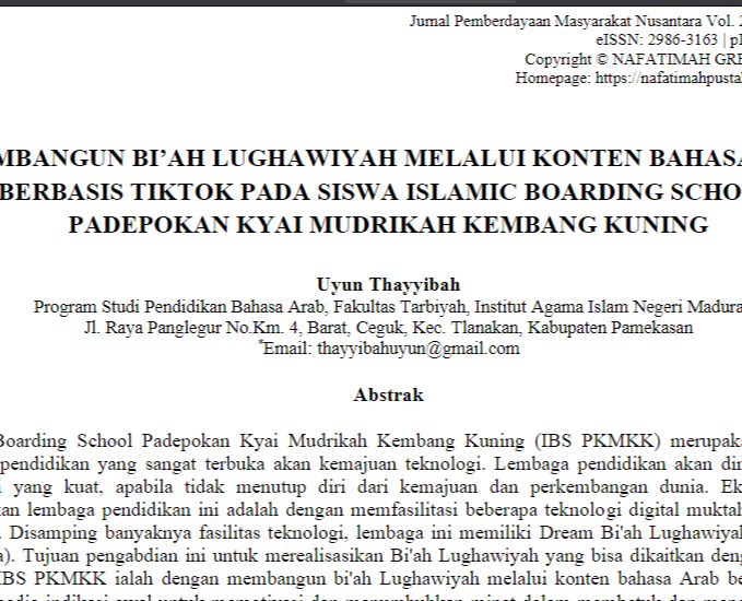 Membangun Bi'ah Lughawiyah melalui Konten Bahasa Arab Berbasis Tiktok pada Siswa Islamic Boarding School Padepokan Kyai Mudrikah Kembang Kuning